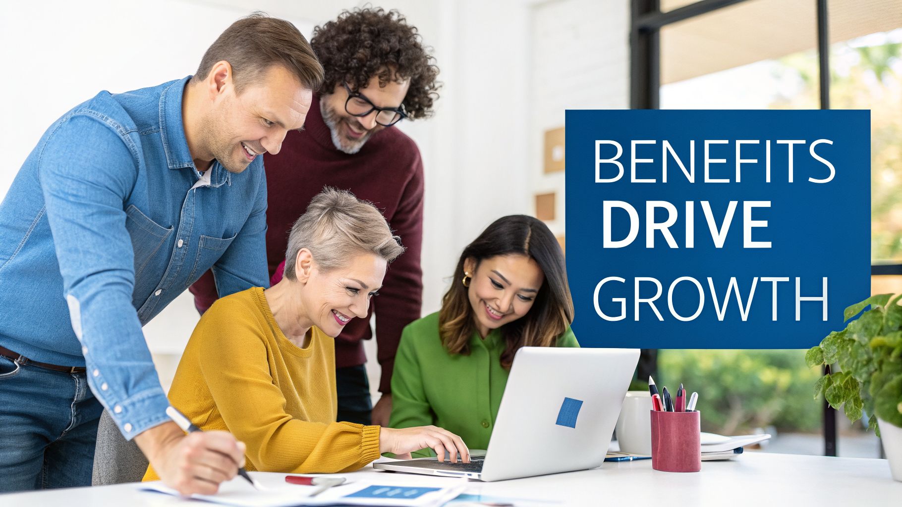 Diverse business team collaborating and smiling around a laptop, with 'BENEFITS DRIVE GROWTH' text.