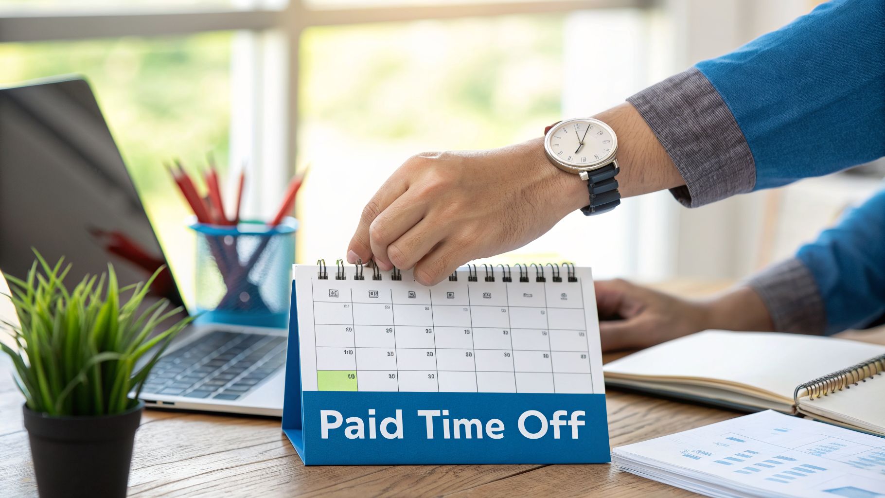 A hand flips through a desk calendar displaying 'Paid Time Off' on a busy office desk.