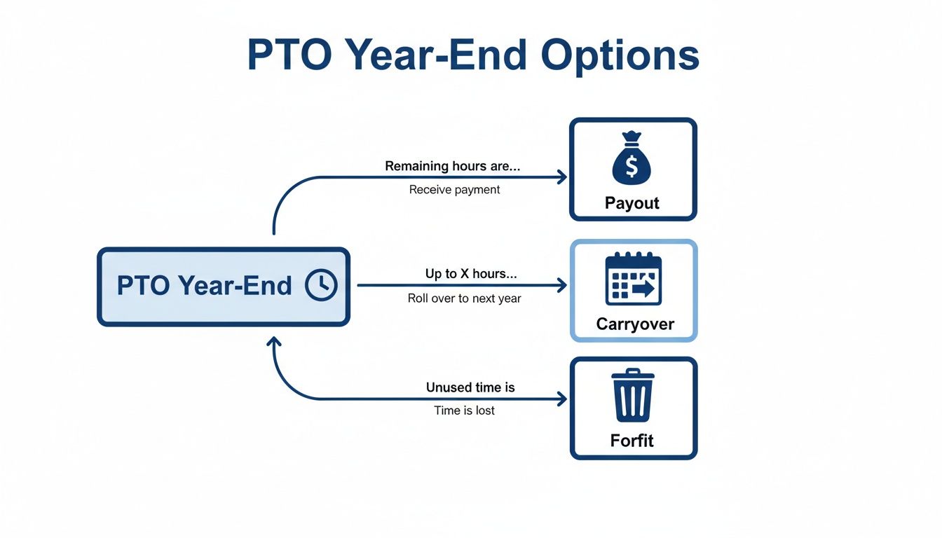 Flowchart illustrating PTO year-end options: remaining hours can be paid out, carried over up to a limit, or forfeited.