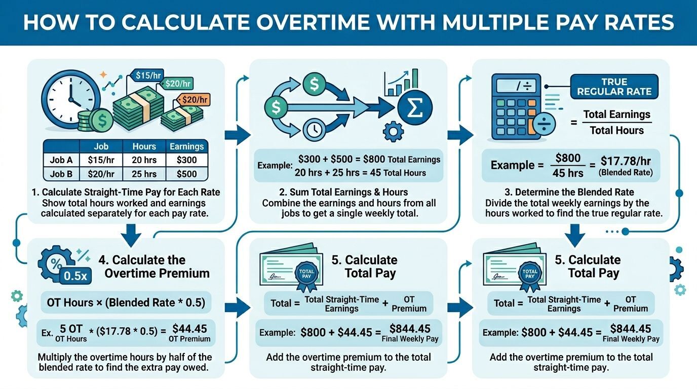 An infographic showing five steps for calculating overtime pay when working multiple jobs with different hourly rates.