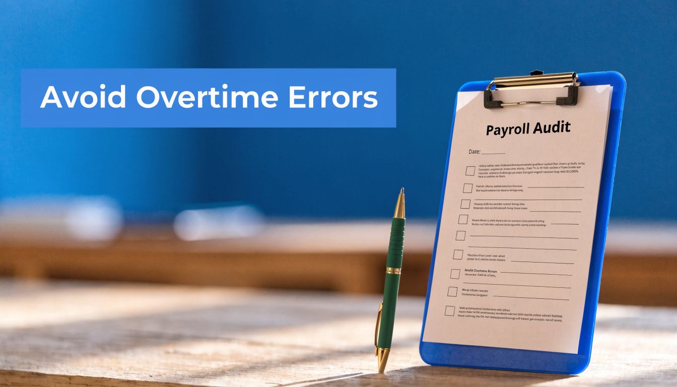 A blue clipboard with a payroll audit checklist and a pen on a wooden office desk.
