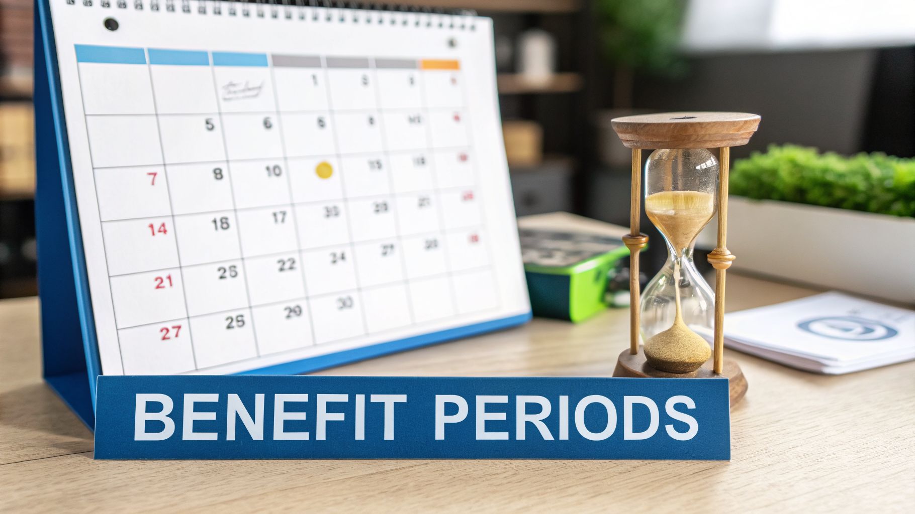 A calendar, an hourglass, and a blue sign reading 'BENEFIT PERIODS' on a wooden desk.