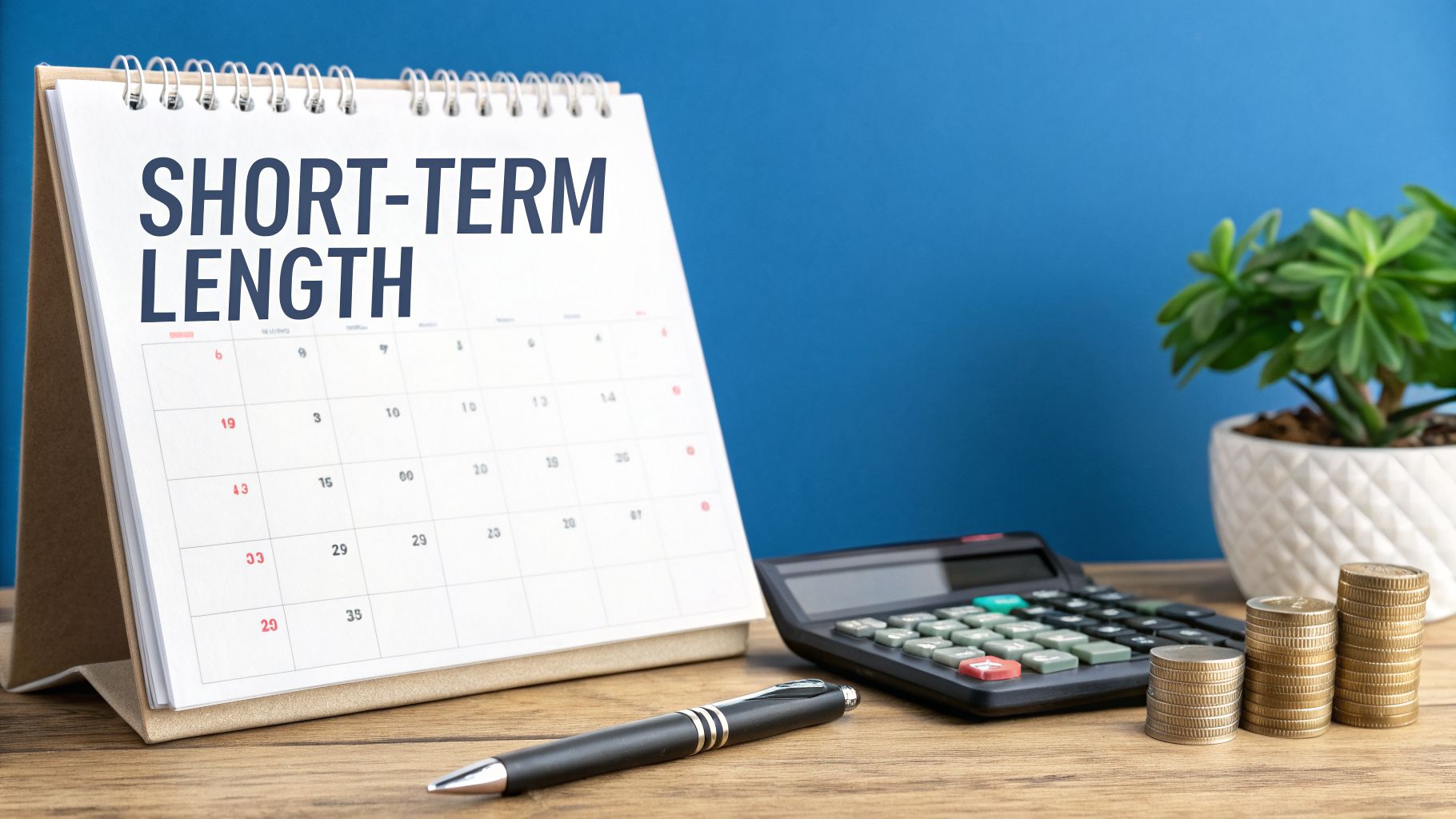 A desk calendar displays 'SHORT-TERM LENGTH' with a calculator, pen, and coins on a wooden desk.