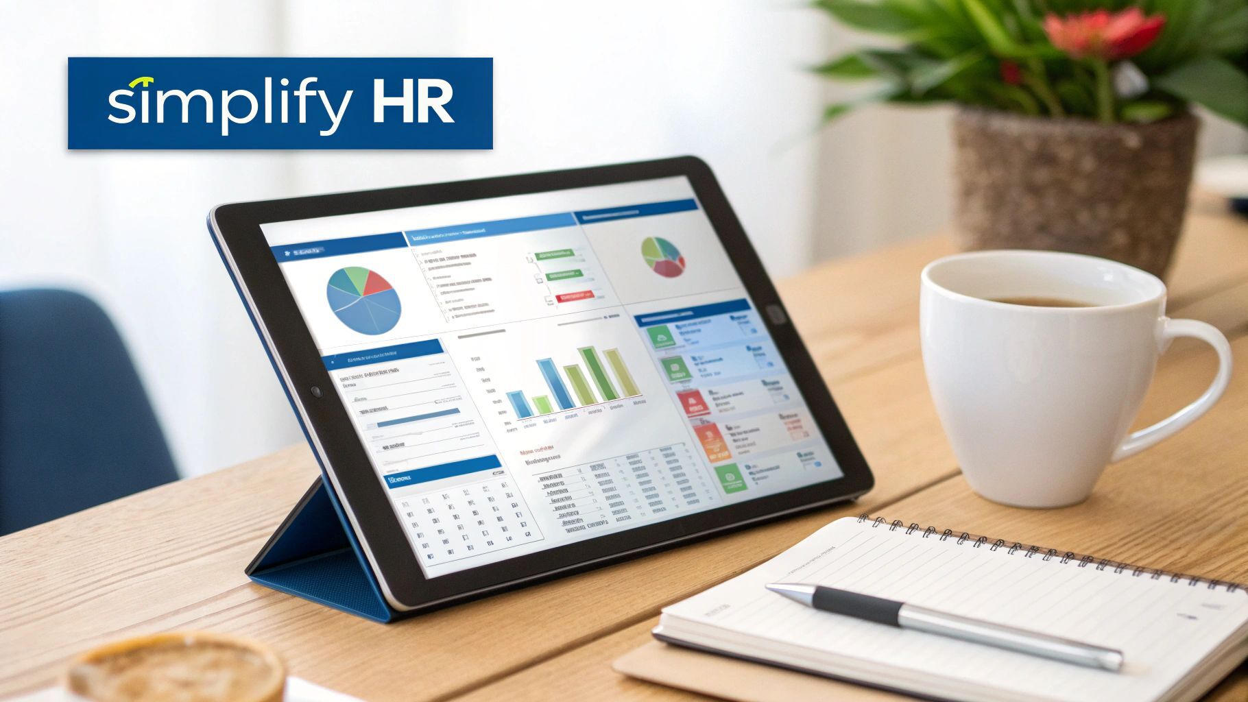 A tablet on a wooden desk displays an HR dashboard with charts, next to a coffee mug and notepad, under a 