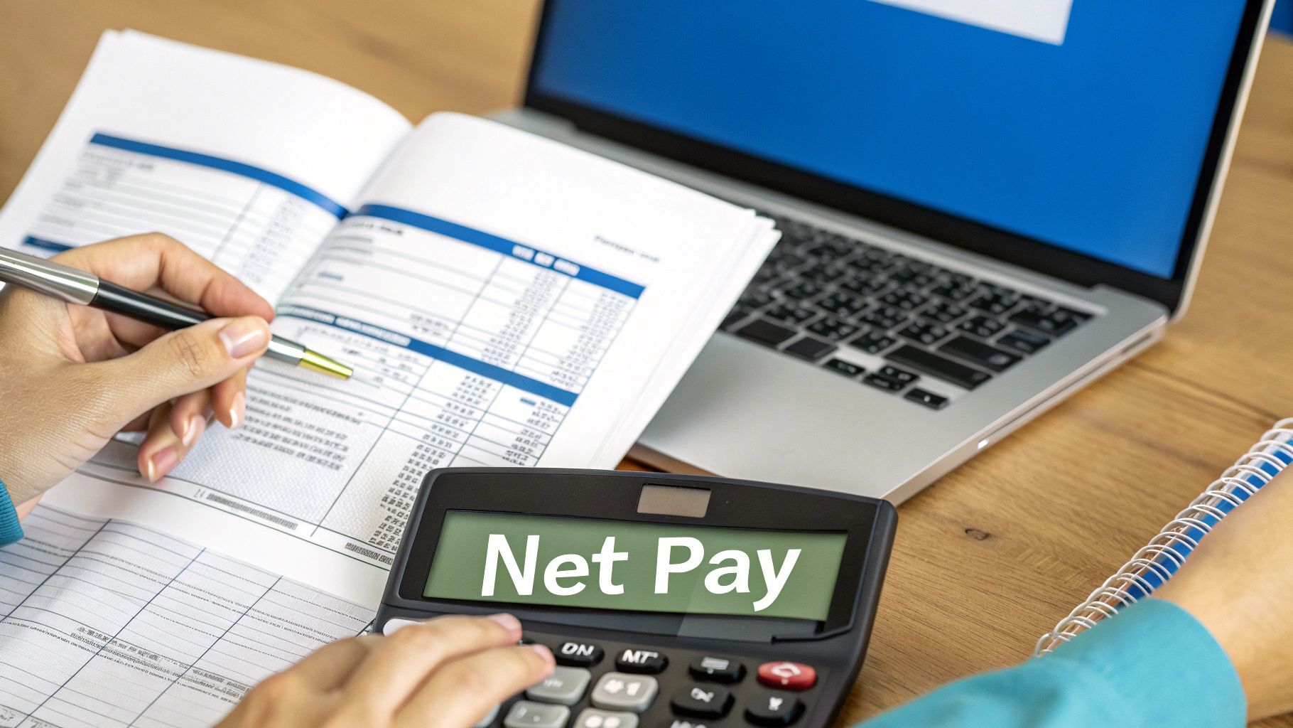 Person calculating net pay on a calculator with financial documents, a pen, and a laptop on a desk.