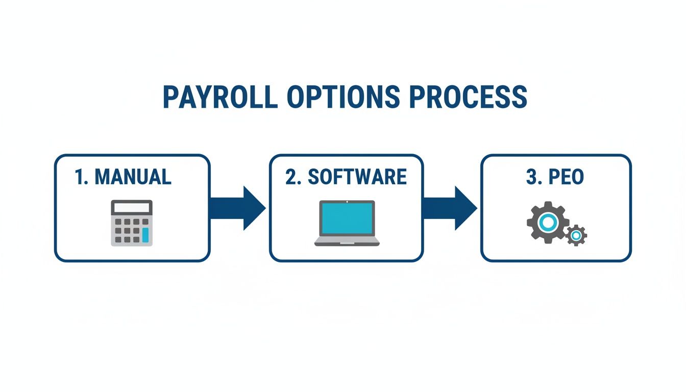 Infographic showing the three payroll options: manual with a calculator, software with a laptop, and PEO with gears.