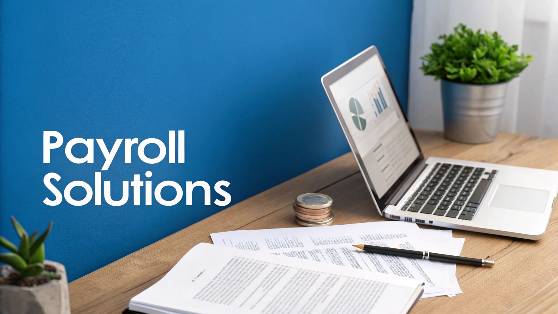 A desk with a laptop showing financial graphs, documents, a pen, and coins, with 'Payroll Solutions' text on a blue wall.