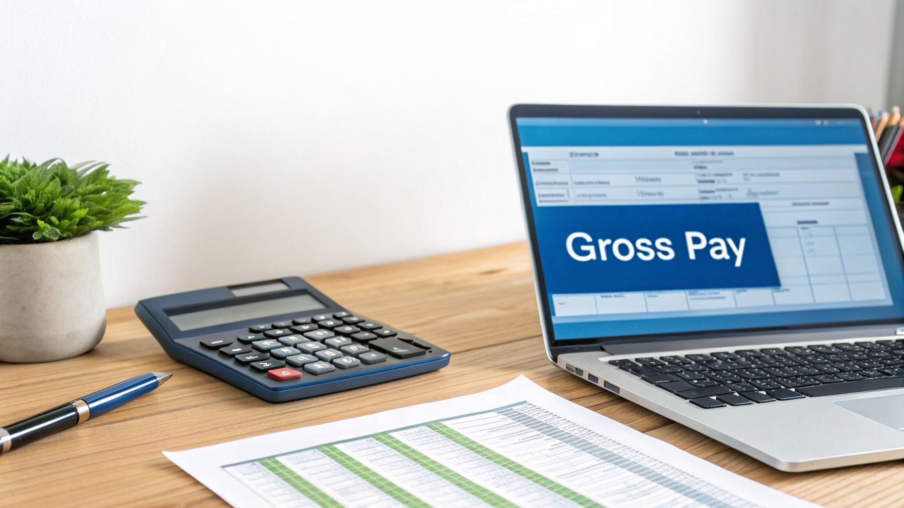 A work desk with a laptop showing 'Gross Pay', a calculator, and financial documents for payroll.
