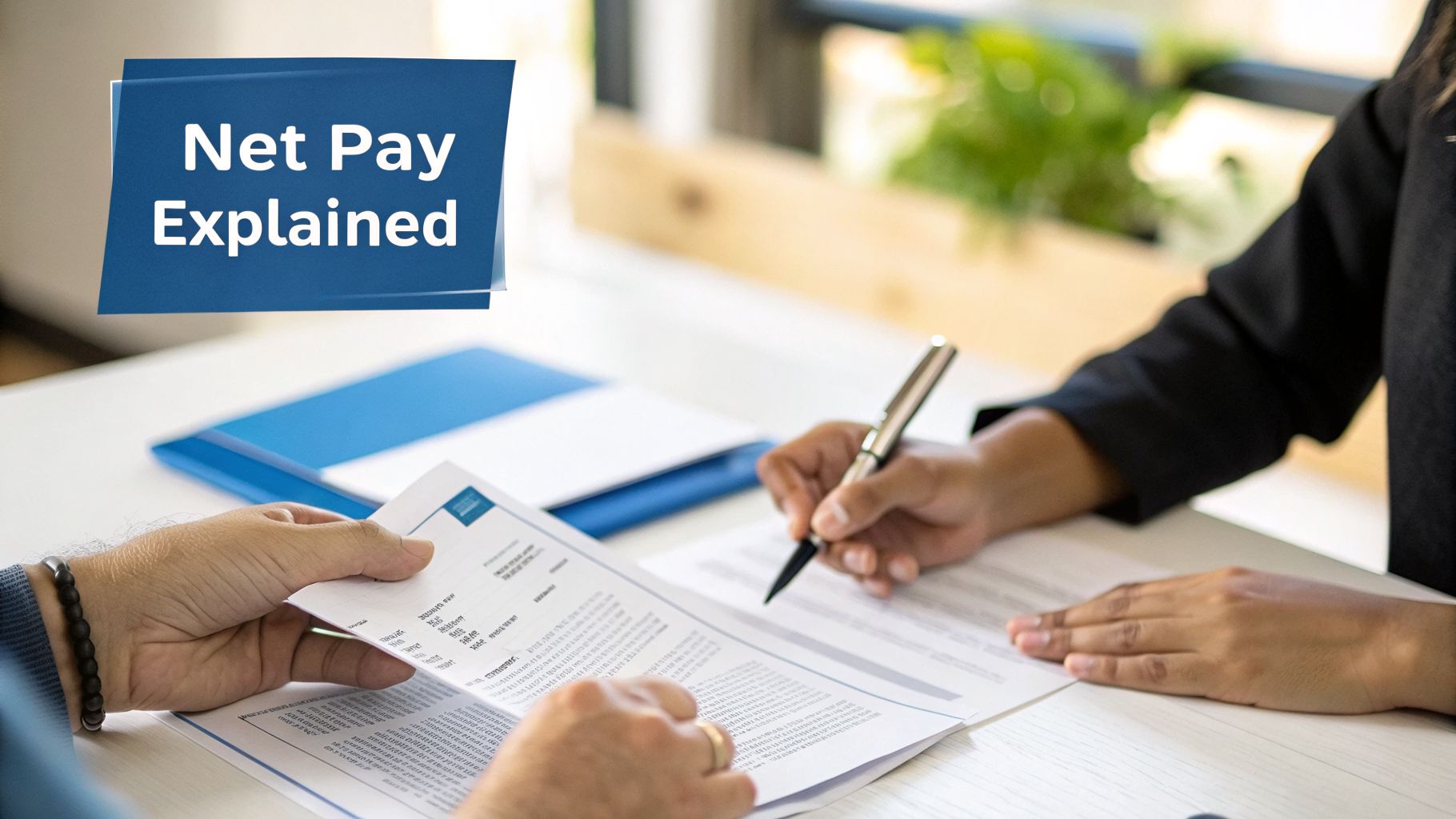 Two people reviewing financial documents at a desk, with a 