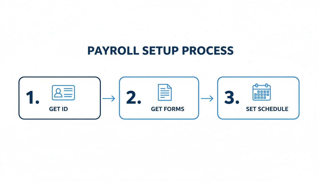 A diagram illustrates the three-step payroll setup process: Get ID, Get Forms, and Set Schedule.