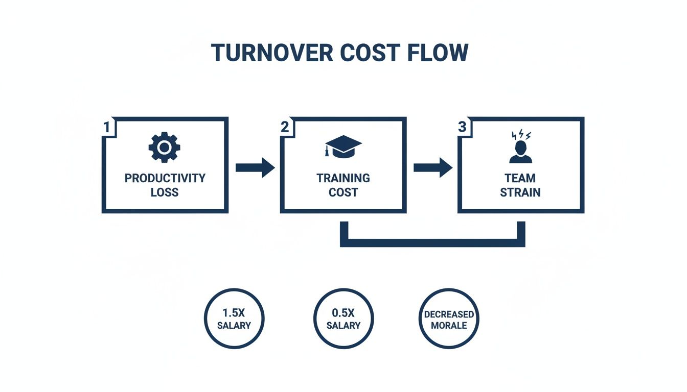 Diagram illustrating the three-stage turnover cost flow: productivity loss, training cost, and team strain.