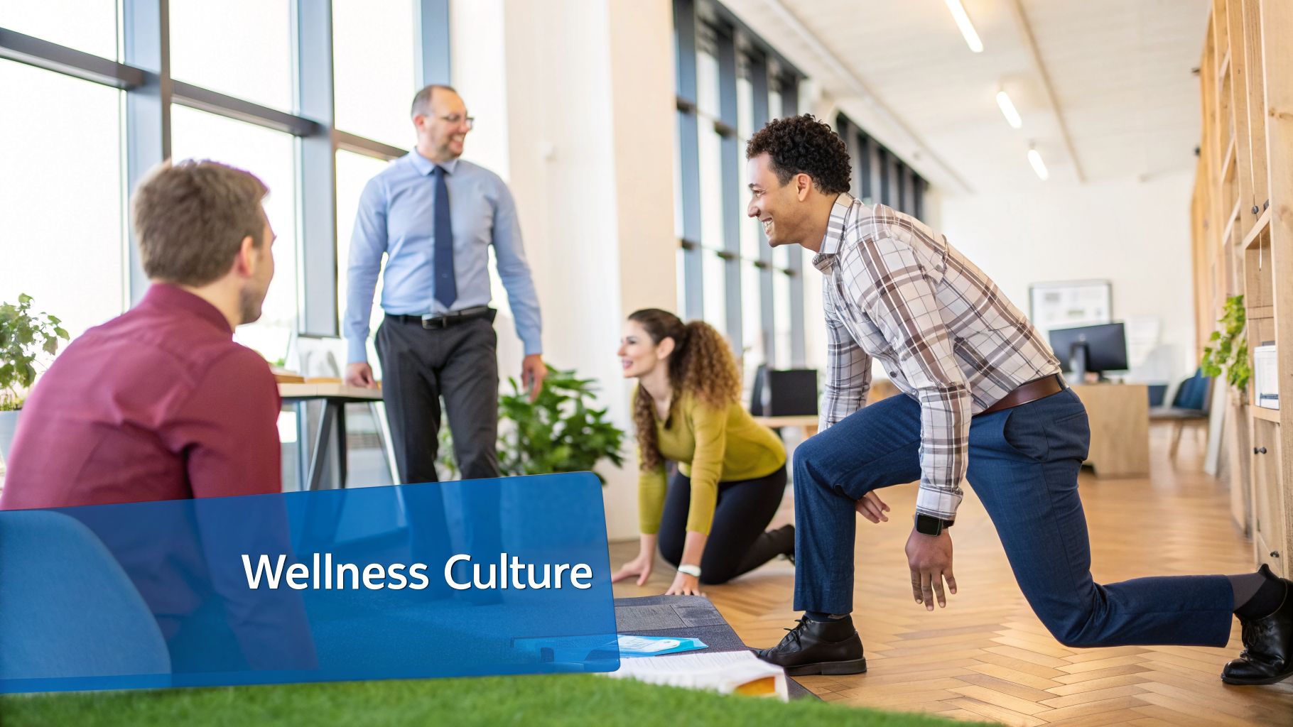 Diverse office workers participate in a wellness culture activity, stretching and doing lunges.