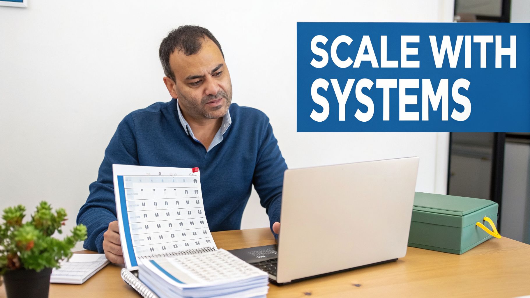 A man in a blue sweater focuses on his laptop and a planner at a desk, with the text 'SCALE WITH SYSTEMS'.