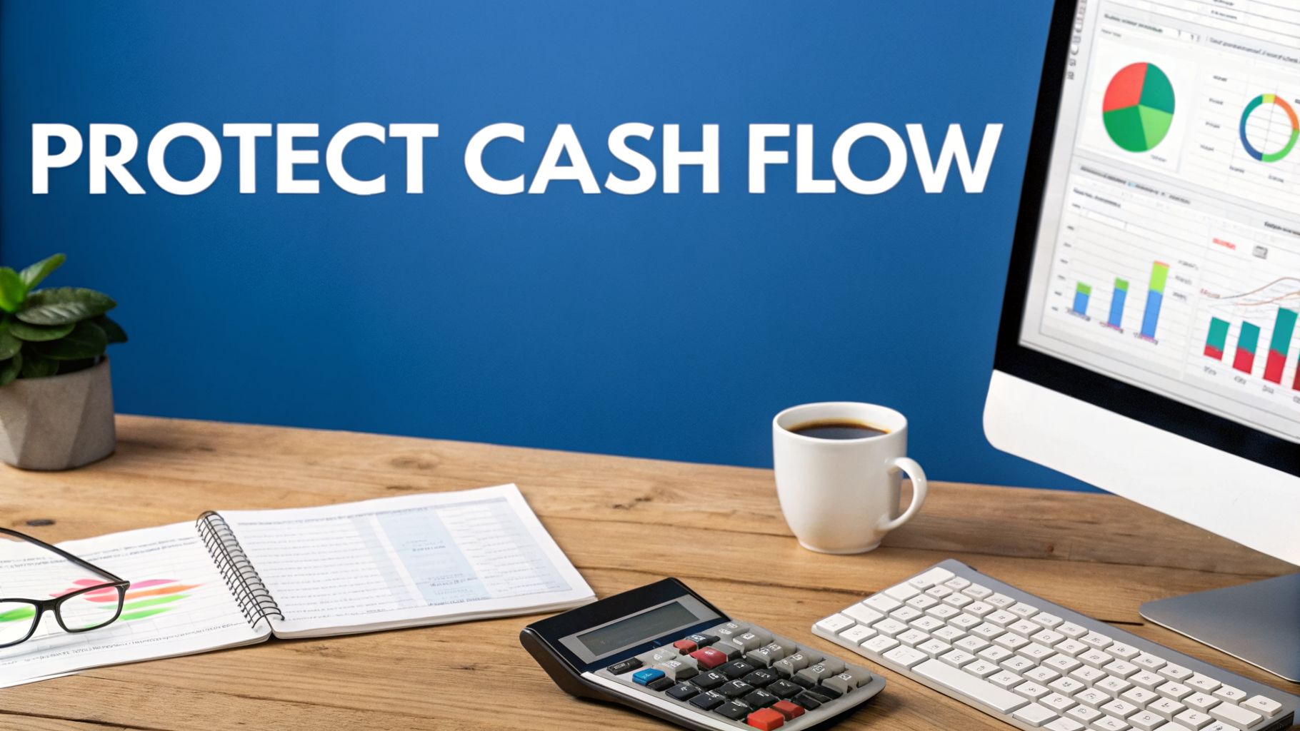 A desk with financial tools, charts on a monitor, and 'PROTECT CASH FLOW' on a blue wall.