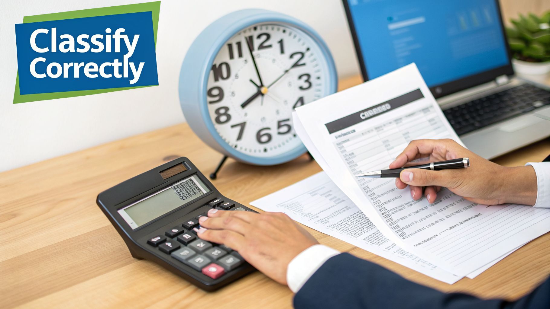 A person's hands using a calculator and pen, reviewing documents, with a clock and laptop.