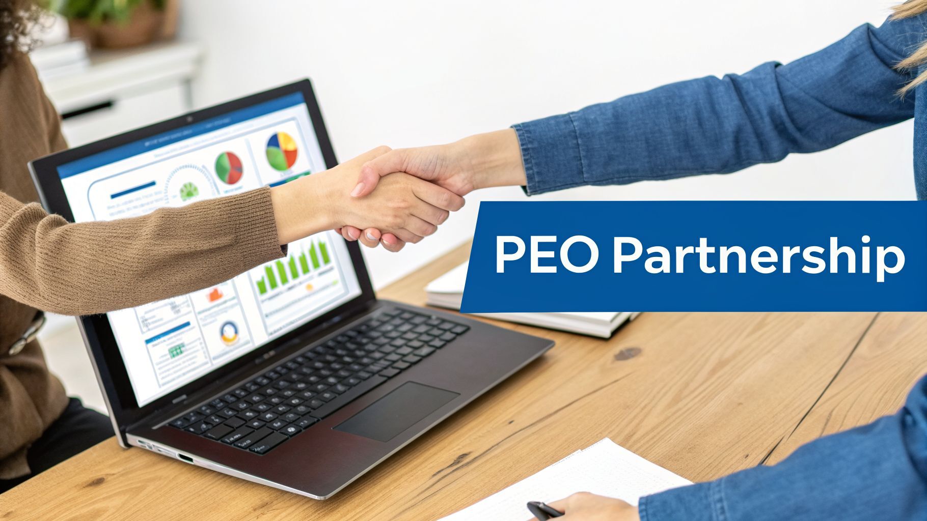 Two business people shake hands over a laptop displaying charts and graphs, symbolizing a PEO partnership.