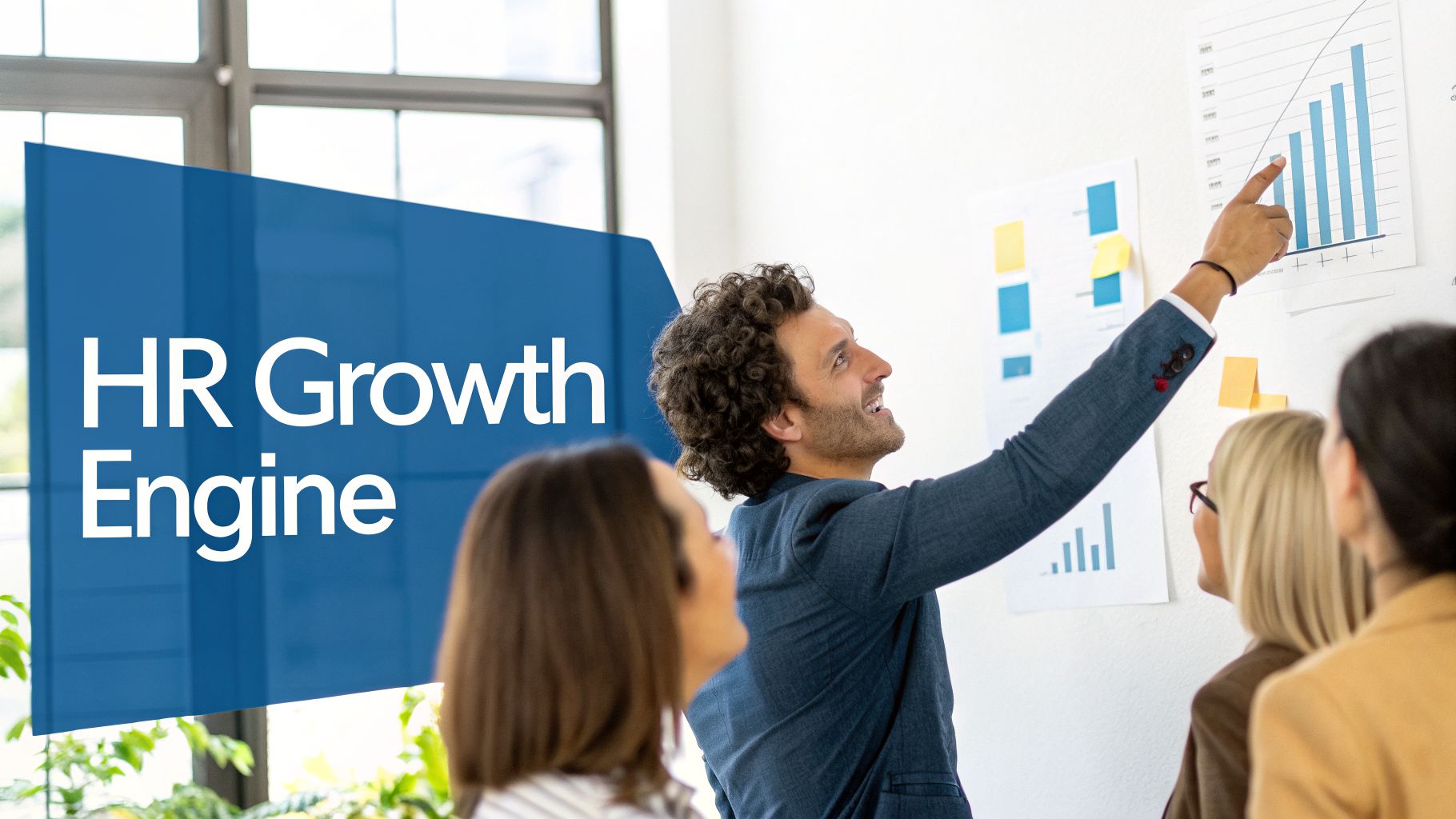 A man points to a bar chart showing growth during an 'HR Growth Engine' presentation to his colleagues.