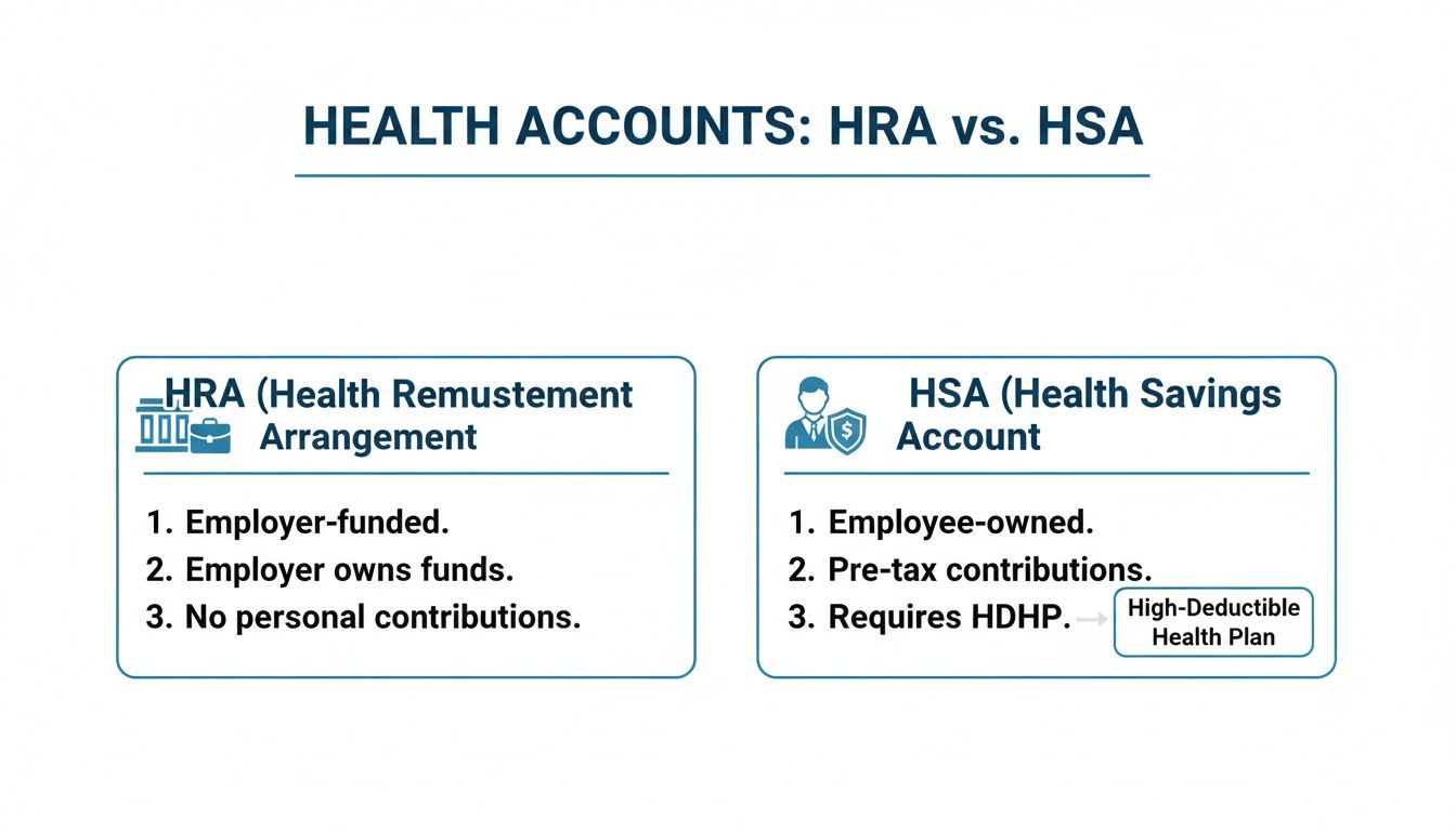 Comparison table outlining key differences between Health Reimbursement Arrangement (HRA) and Health Savings Account (HSA).