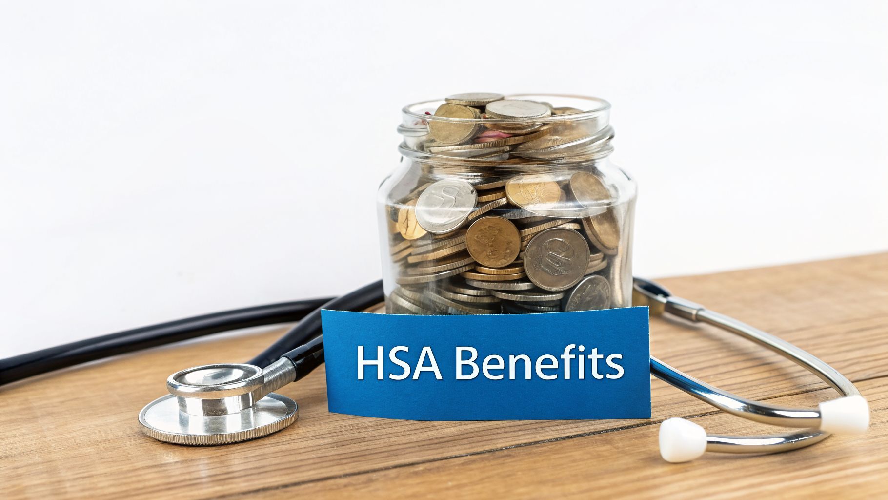 A stethoscope, a jar of coins, and a blue card saying 'HSA Benefits' on a wooden table.
