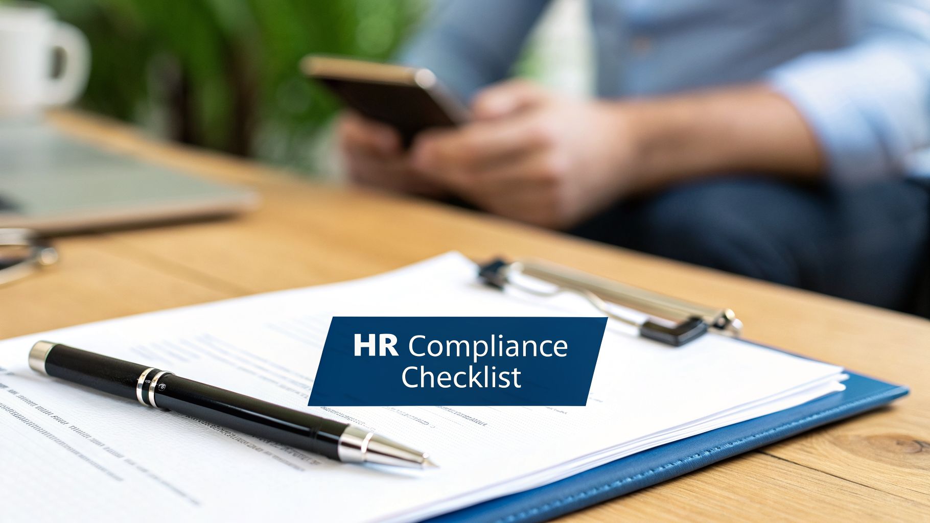 HR Compliance Checklist documents on a desk with a pen, a person on a phone.