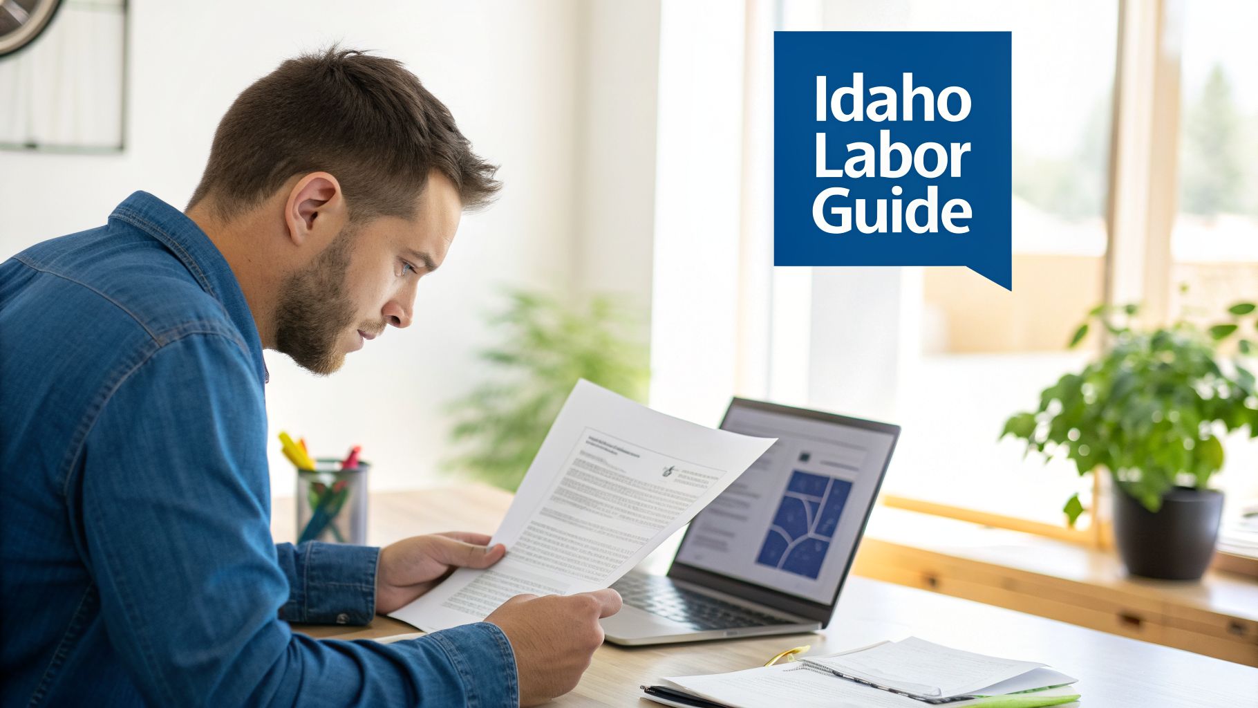 A man intently reads a document related to the Idaho Labor Guide at a well-lit desk.