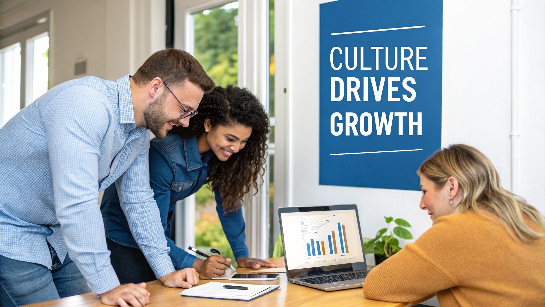 Three diverse business professionals collaborating on a laptop, discussing strategies for company growth.