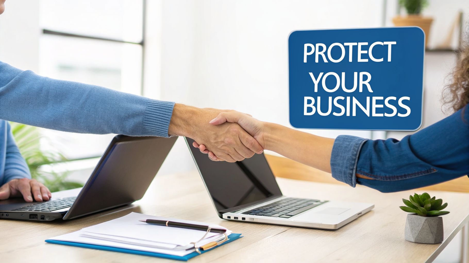 Two business people shaking hands across a desk with laptops and a 'Protect Your Business' sign.