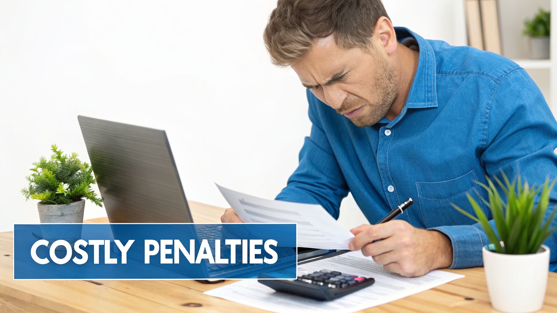 A stressed man reviews financial documents and a calculator on a desk, with text 'COSTLY PENALTIES'.