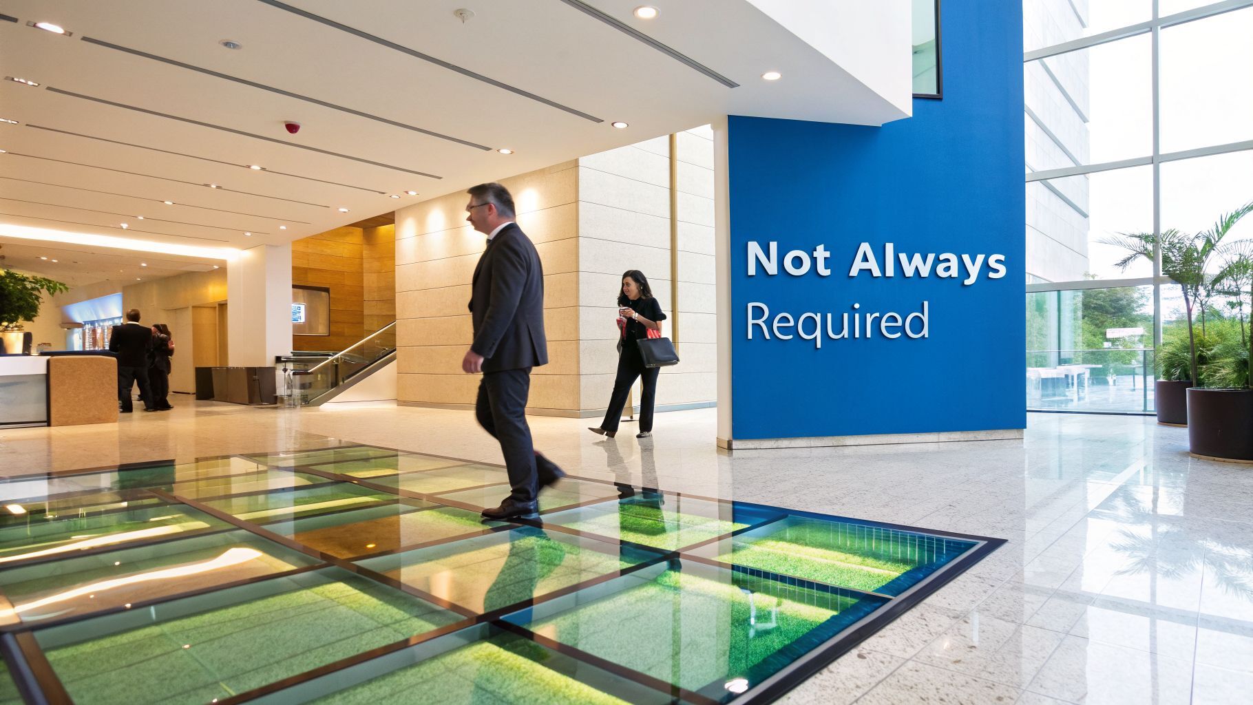 People walk through a bright, modern office lobby with a glass floor and large windows.