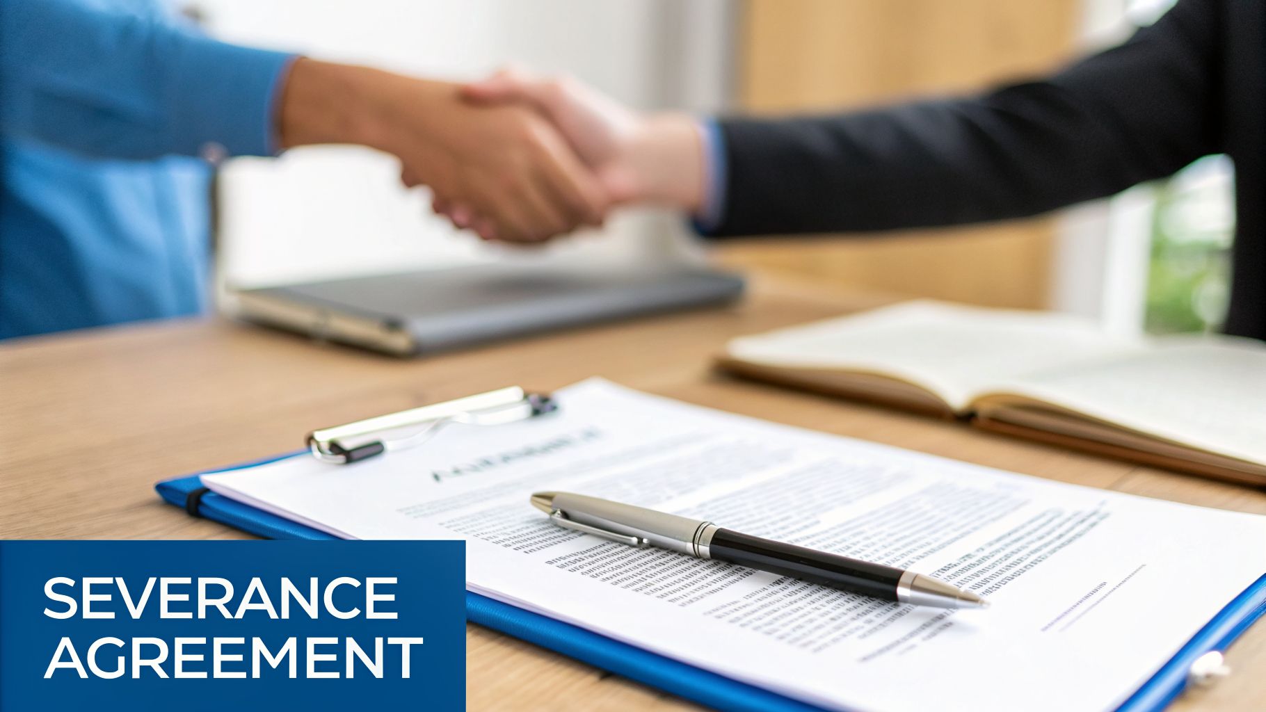 Businesspeople shaking hands over a severance agreement document on a wooden table.
