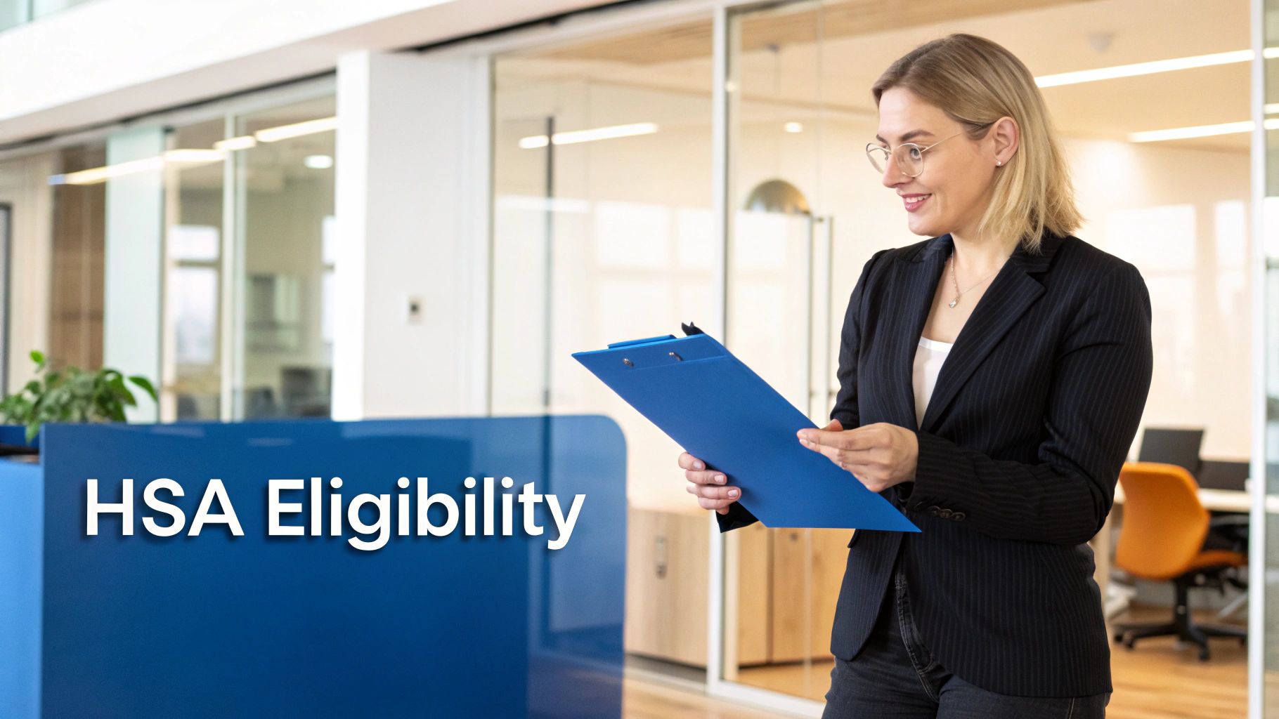 A smiling professional woman in glasses holds a blue clipboard in a modern office, with 