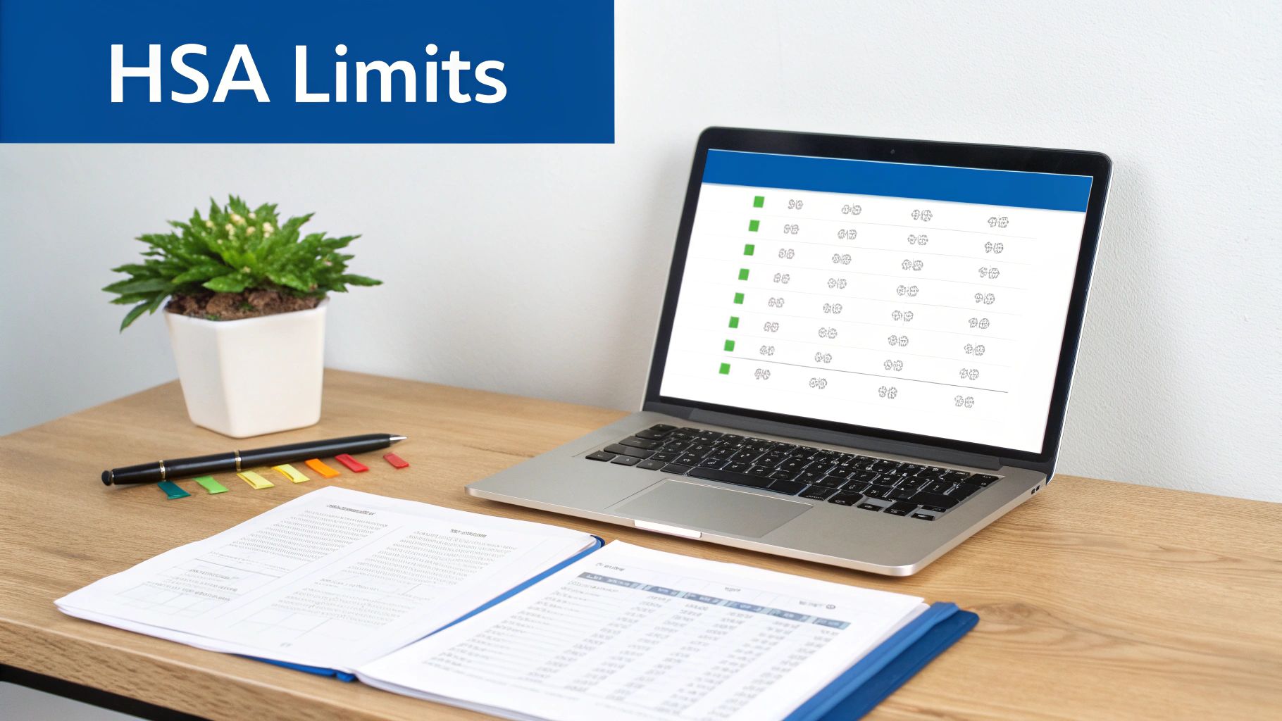 A desk setup featuring a laptop displaying HSA limits, documents, a plant, and a pen.