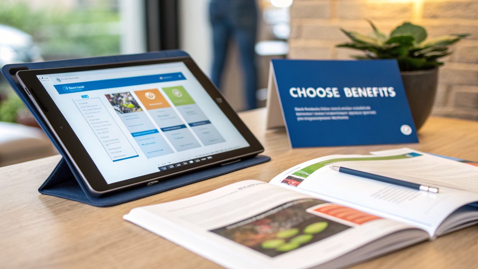 A tablet shows a benefits portal next to a 'Choose Benefits' sign and an open book with a pen.