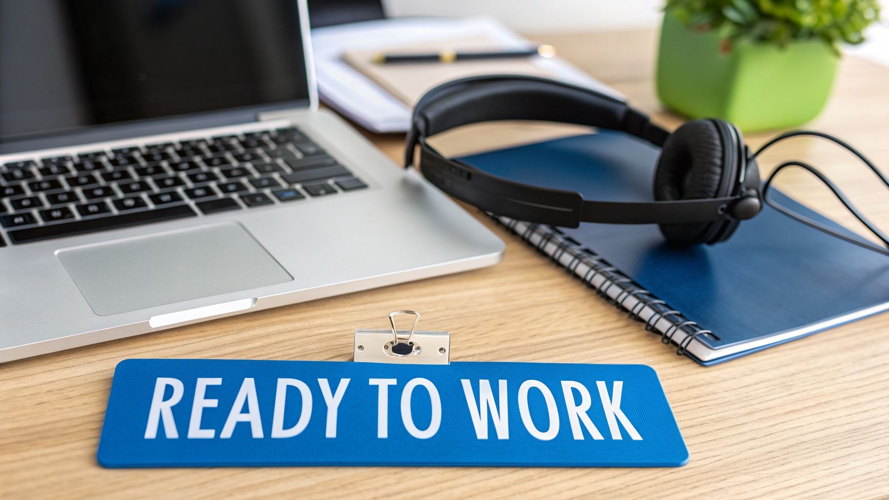 Professional workspace with a silver laptop, black headphones, and a 