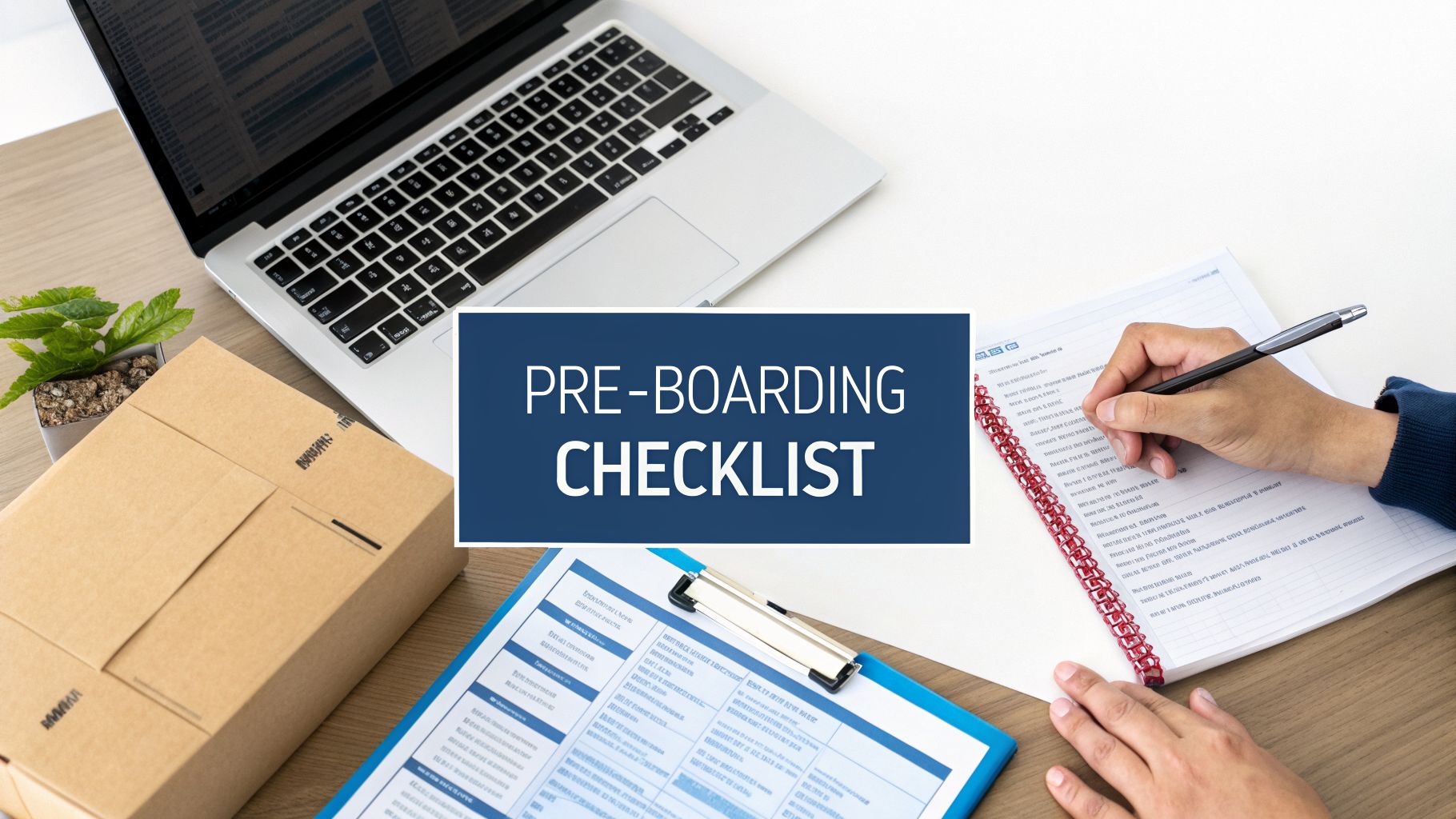 A desk flat lay with a laptop, new hire package, clipboard, and a person writing a pre-boarding checklist.