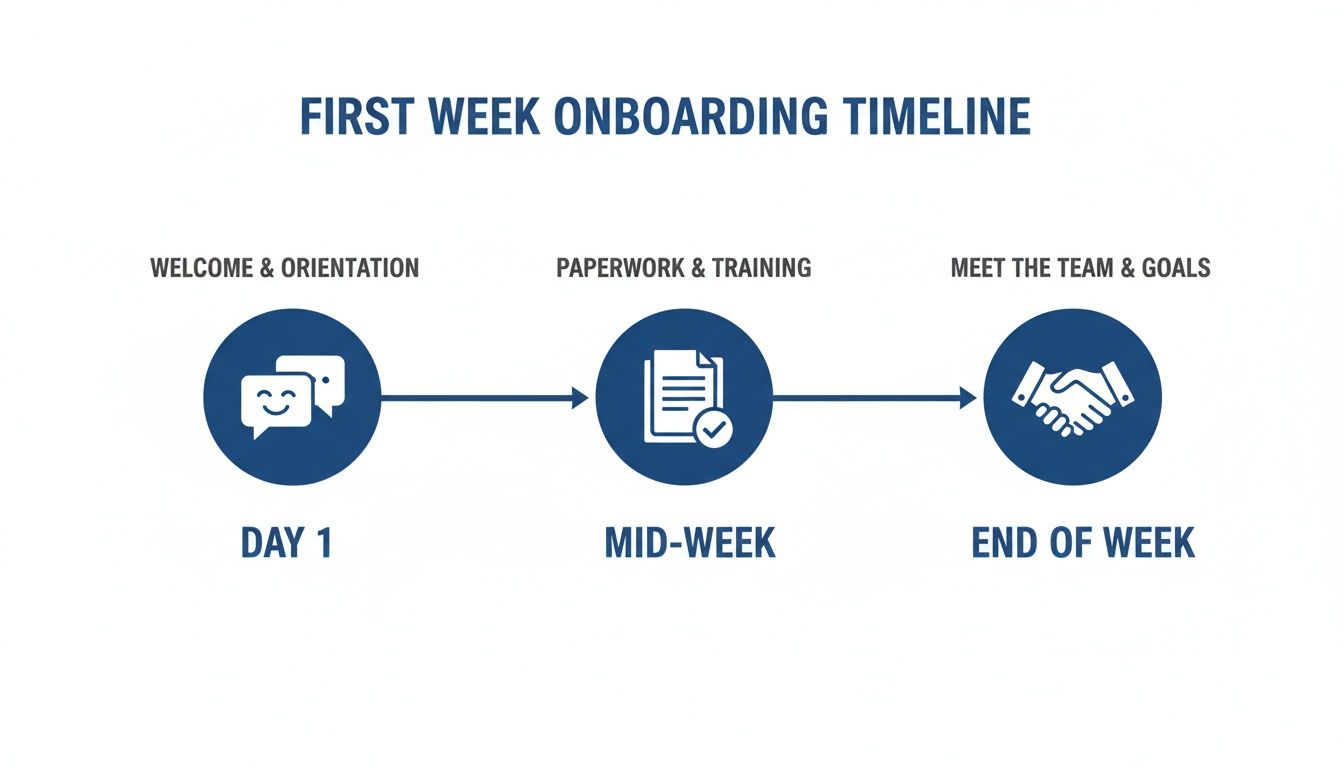 A visual timeline outlining a new employee's first week onboarding activities: orientation, paperwork, and team integration.