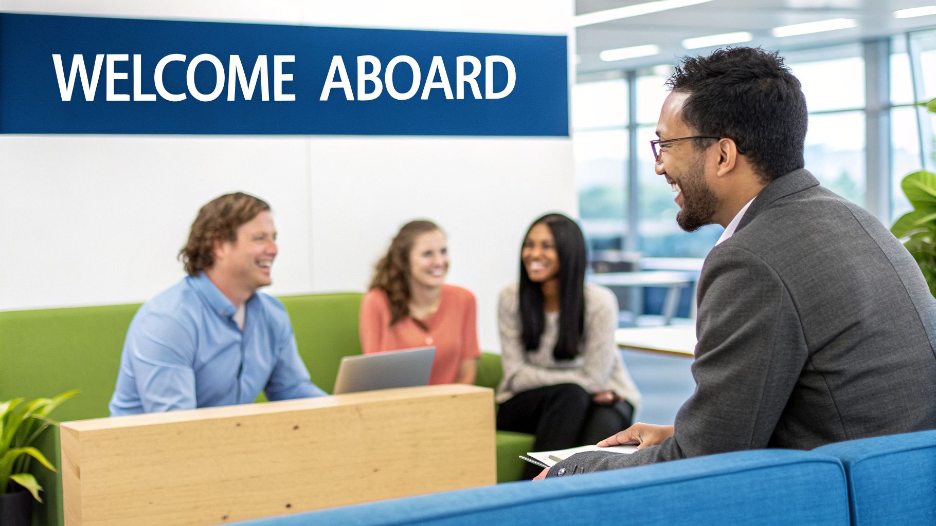 Diverse new employees smiling during a welcome aboard meeting in a modern office.