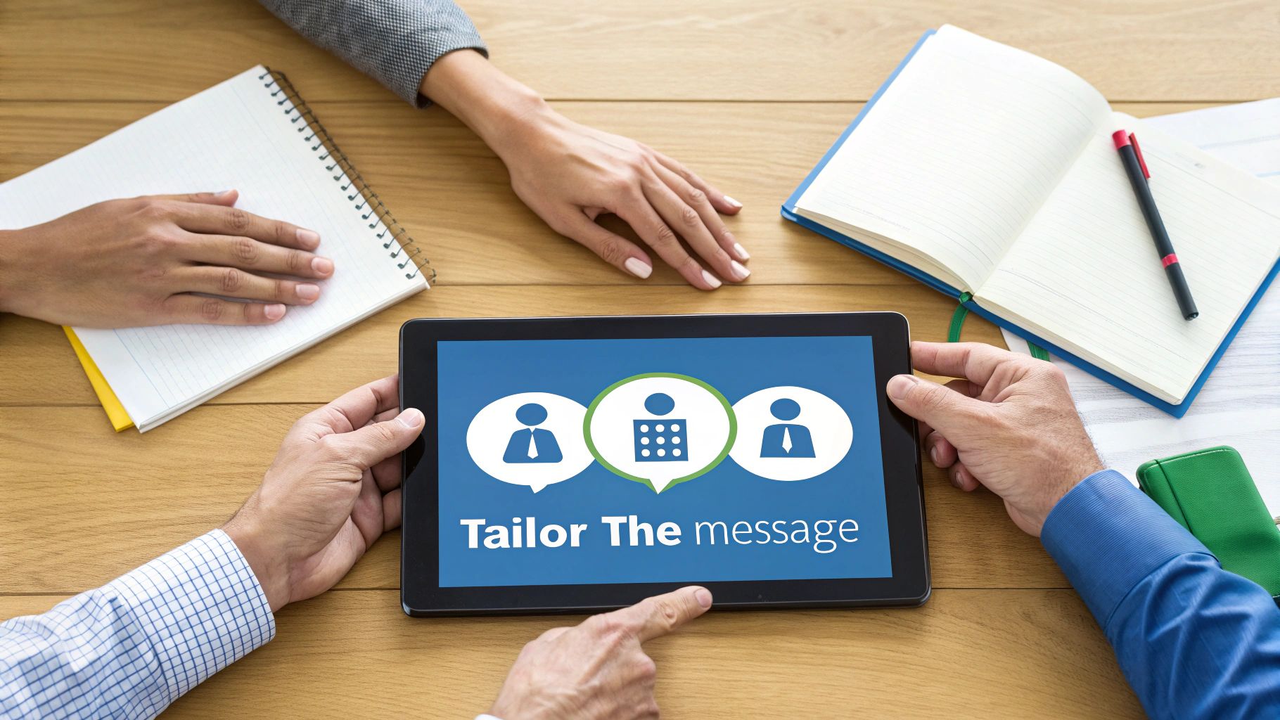 Hands around a tablet displaying 'Tailor The message' with icons, next to notebooks on a wooden table.