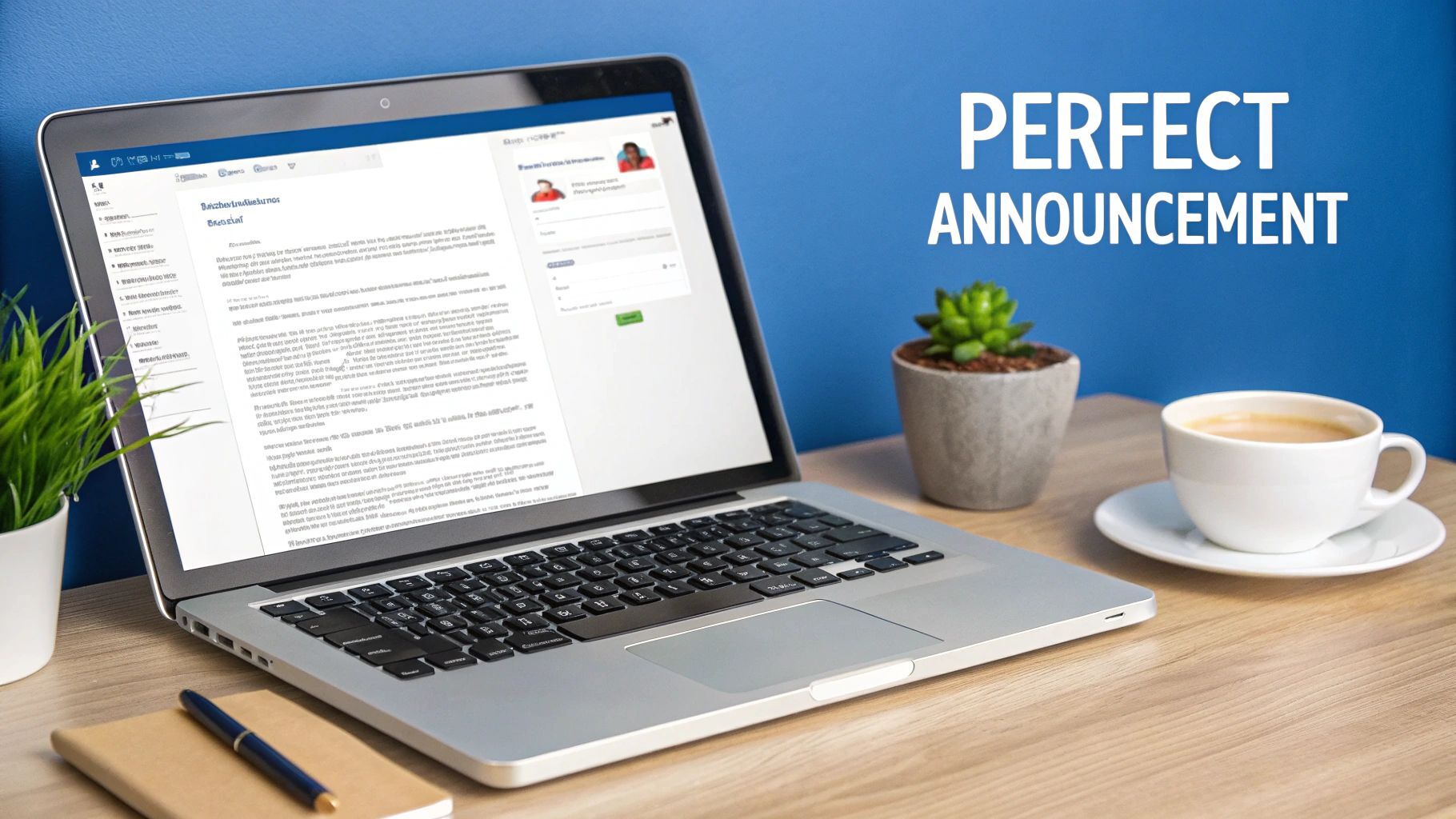 A laptop displaying a staff announcement on a desk with a plant and a coffee cup.