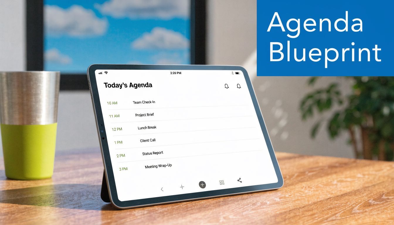 A digital tablet displaying a daily schedule titled Today's Agenda sits on a wooden desk.