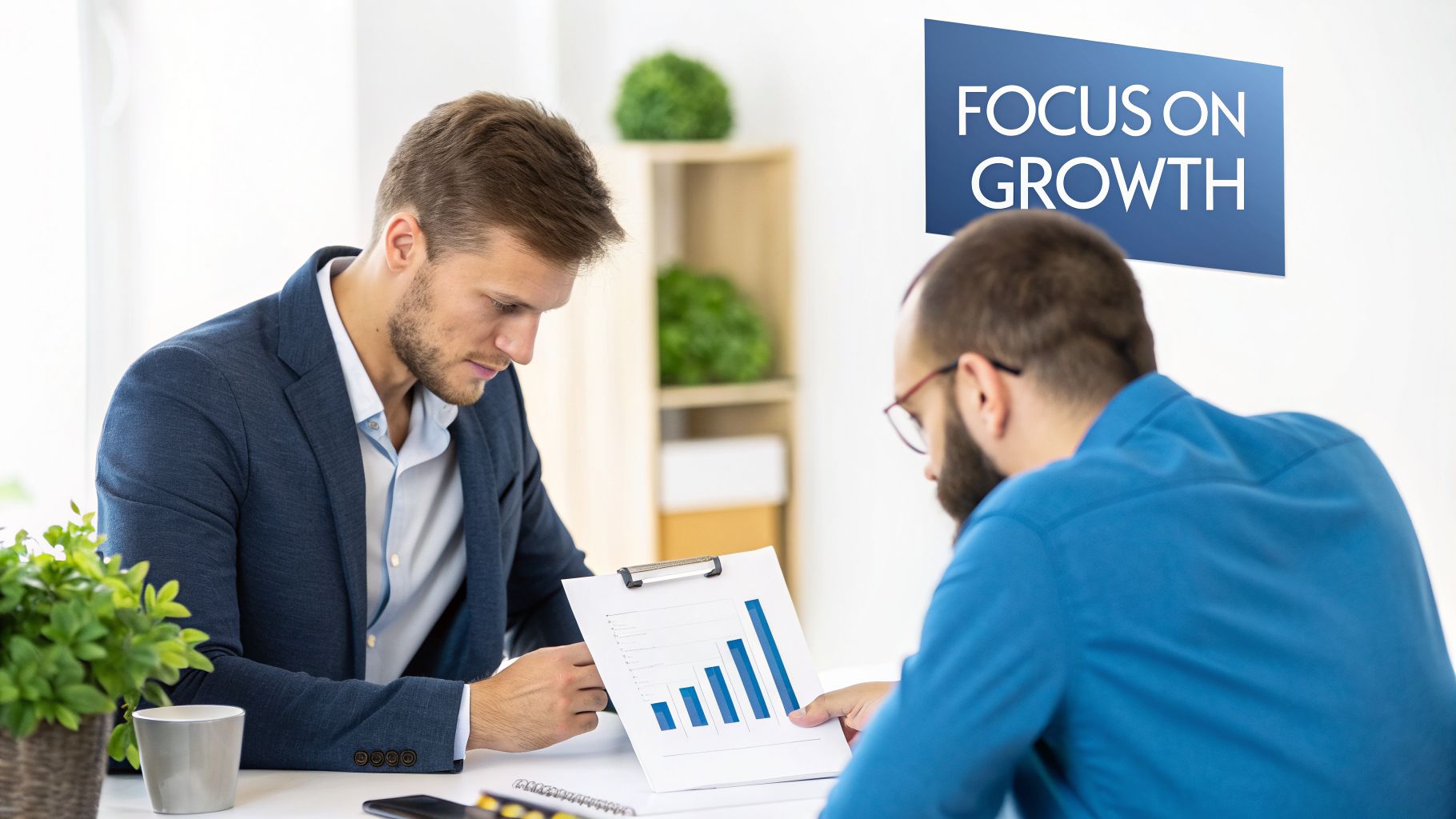 Two businessmen reviewing a growth chart on a clipboard, with 'FOCUS ON GROWTH' on the wall.