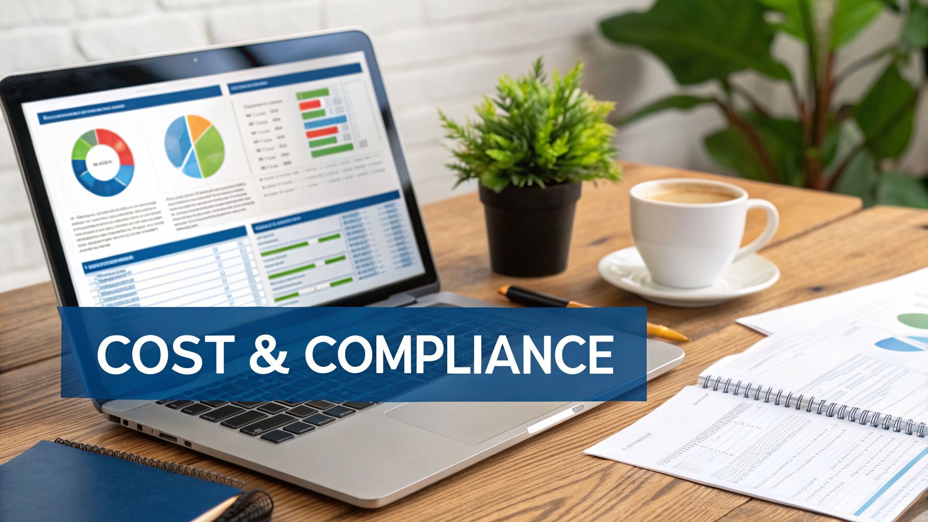 Laptop showing cost and compliance data on a desk with coffee and documents.