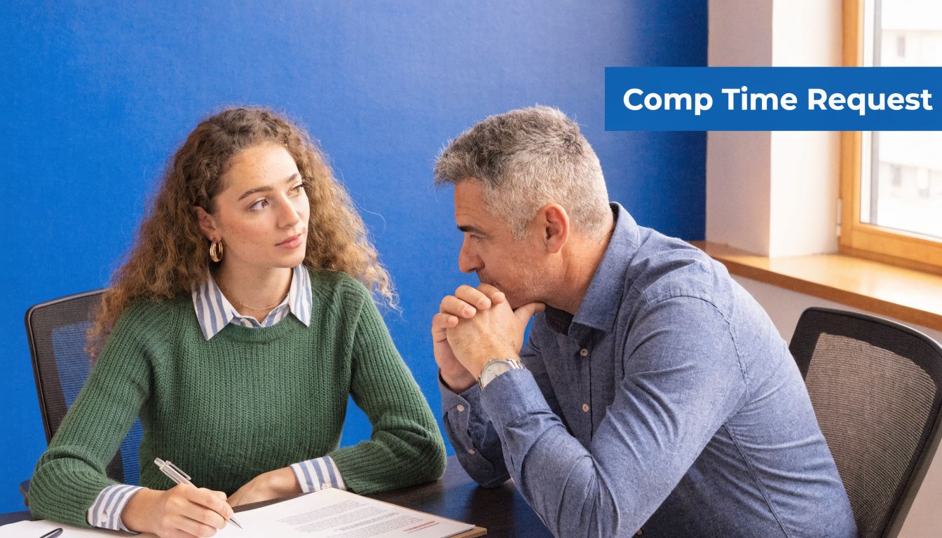 A woman and a man sitting at a desk discussing a compensation time request document together.