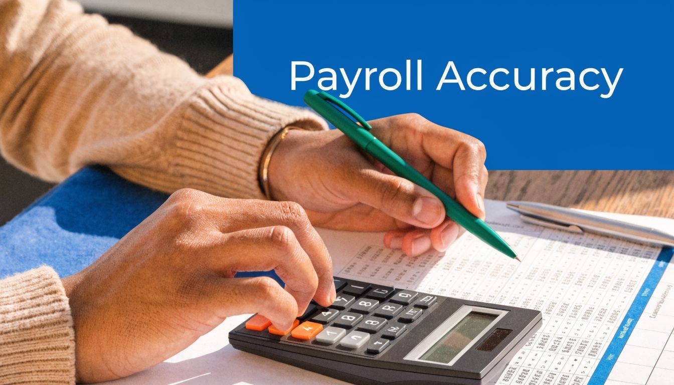 A person wearing a sweater uses a calculator and pen to review financial payroll documents carefully.