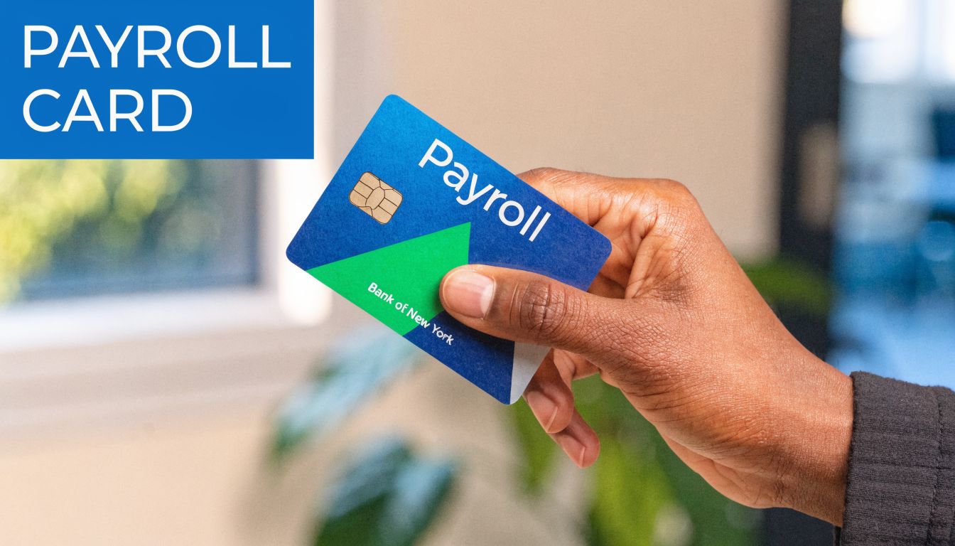 A hand holding a blue and green Bank of New York payroll card in an office setting.