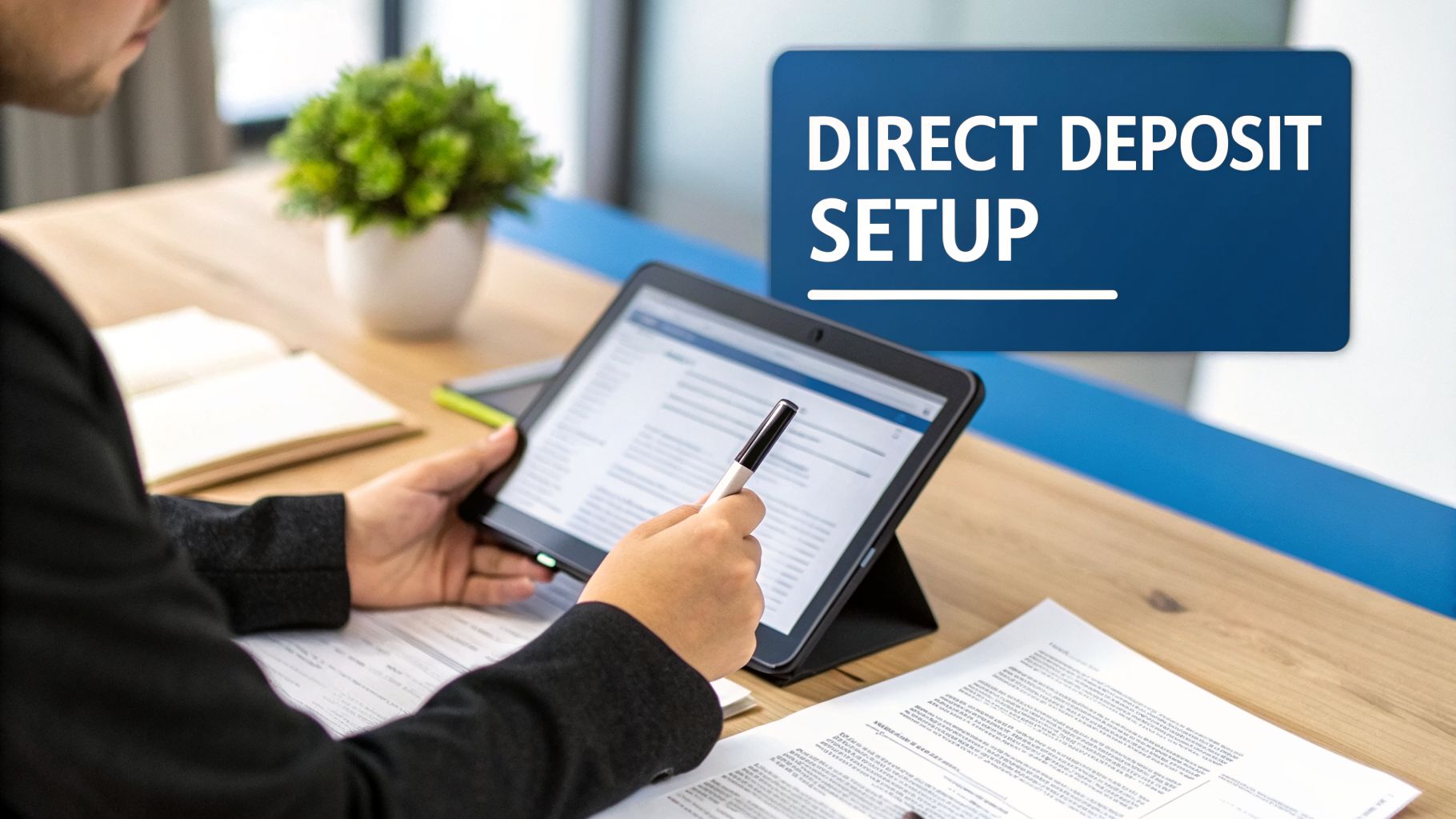 A person uses a tablet and stylus to set up direct deposit, with financial documents.