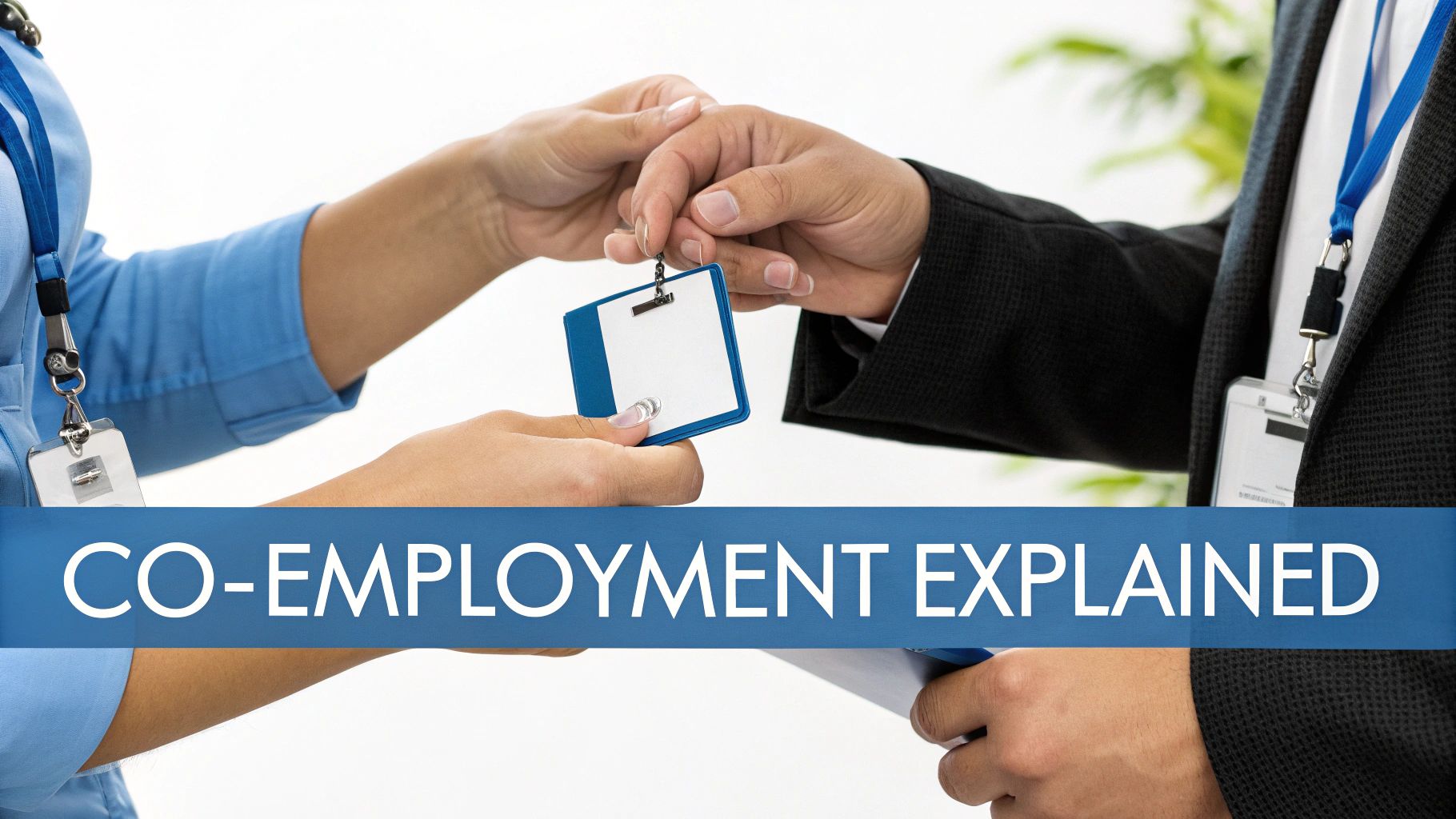 Two professionals exchanging an ID badge or document, with 'CO-EMPLOYMENT EXPLAINED' text overlay.
