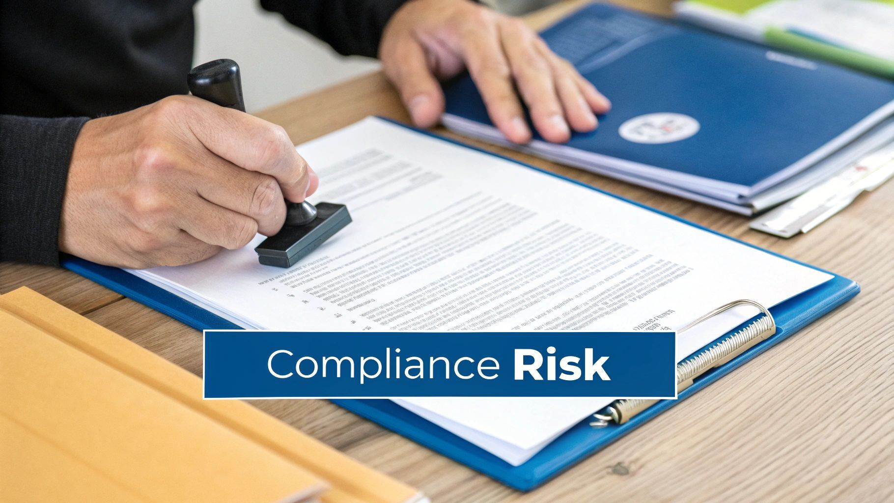 Close-up of a person stamping an official document, highlighting compliance risk.