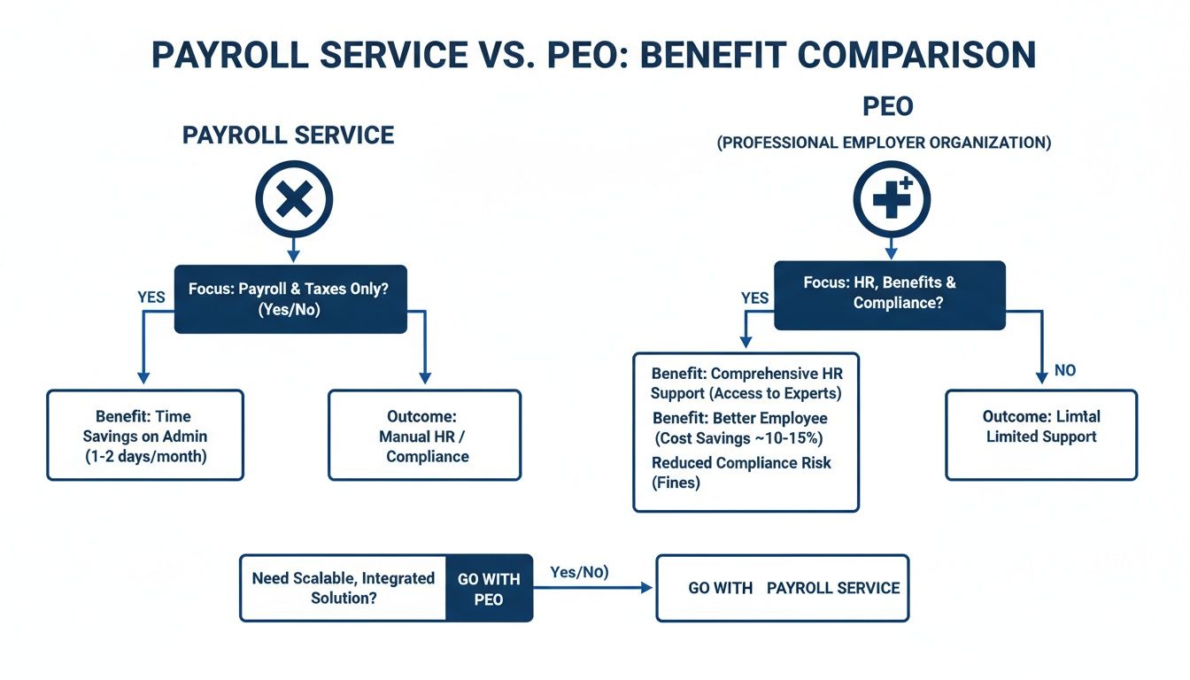 Flowchart comparing Payroll Service and PEO benefits, outcomes, and decision-making process.