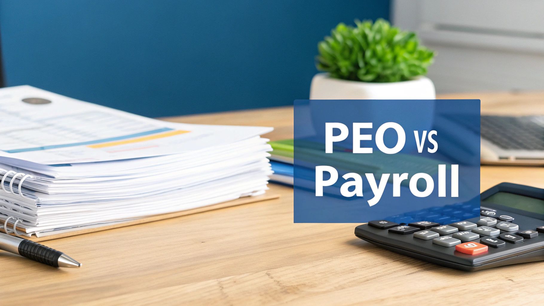 A business desk with papers, a calculator, and a 'PEO vs Payroll' text overlay, symbolizing financial choices.